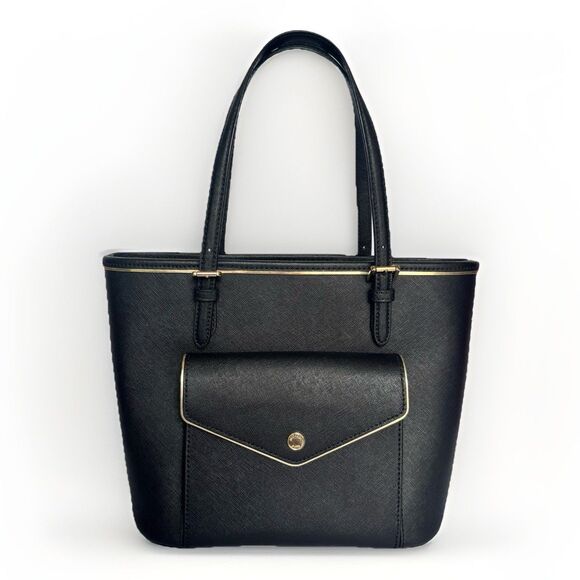 Michael Kors Handbags - MICHAEL KORS Jet Set Large Saffiano Leather Black Pocket Tote Gold Trim Bag